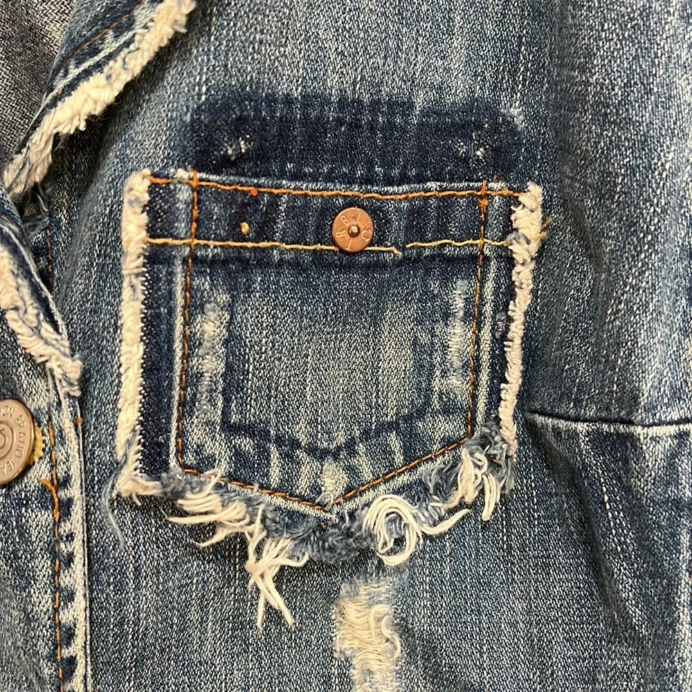 True Religion Distressed Blue Jean Jacket Raw Hem Collar, Pockets, & Cuffs Small - Picture 4 of 12